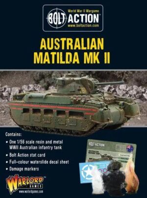Australian Matilda Mk II tank model for Bolt Action tabletop gaming, featuring detailed design and gameplay components.