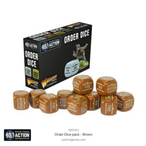 Brown order dice for Bolt Action tabletop wargaming, featuring gameplay symbols and stylish packaging.
