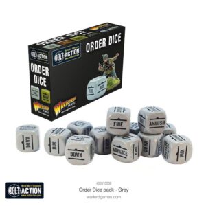 Bolt Action order dice enhance strategic gameplay with essential commands and vibrant military-themed packaging.