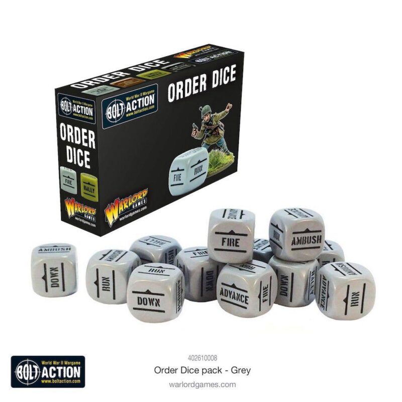 Bolt Action order dice enhance strategic gameplay with essential commands and vibrant military-themed packaging.