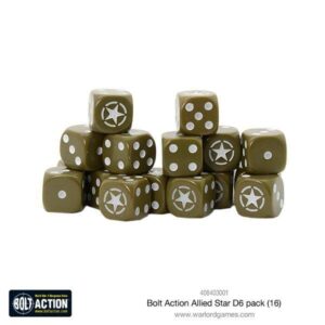 Olive green military-themed dice for Bolt Action tabletop game, featuring stars and dots.