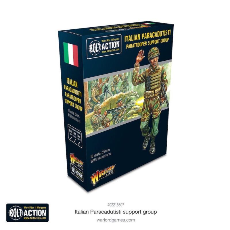 Italian Paratroopers Miniature Set for Bolt Action game, featuring dynamic WWII artwork and leadership themes.