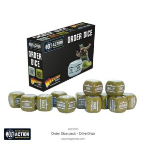 Bolt Action Order Dice Set with olive drab dice for enhanced gameplay and easy transport.