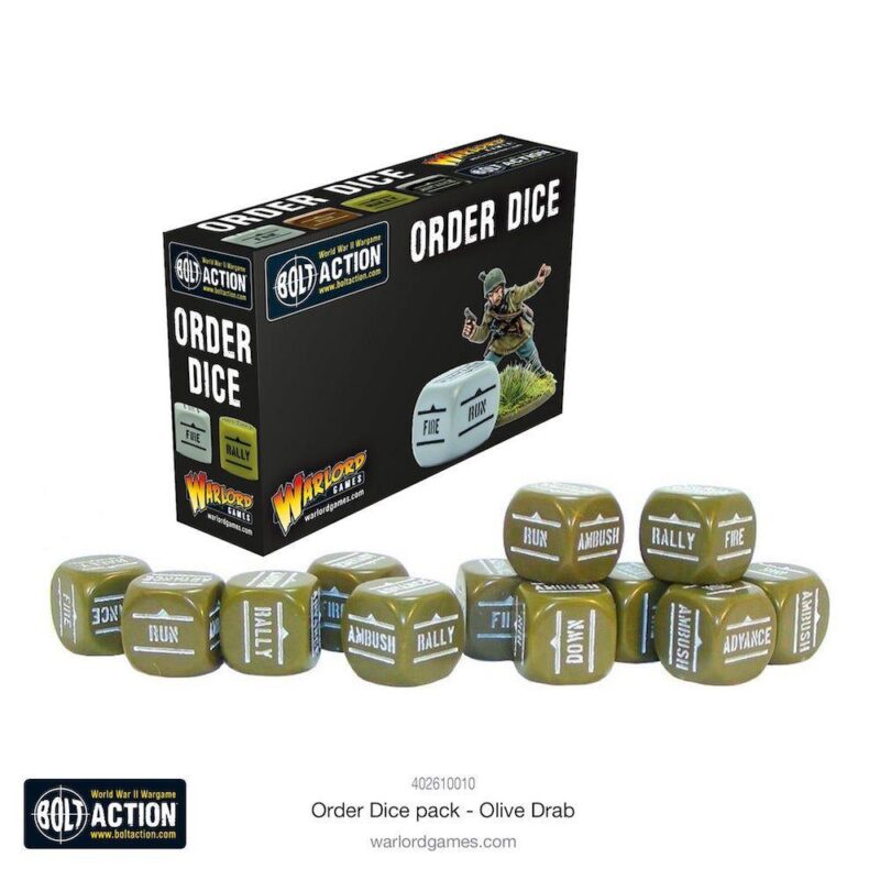 Bolt Action Order Dice Set with olive drab dice for enhanced gameplay and easy transport.