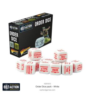 White Bolt Action order dice set with red commands for strategic WWII tabletop gameplay.