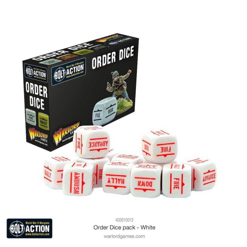 White Bolt Action order dice set with red commands for strategic WWII tabletop gameplay.