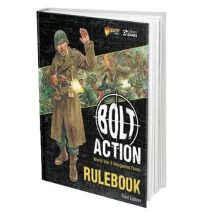 BOLT ACTION: WWII rules book cover featuring a dynamic soldier and tactical gaming elements.