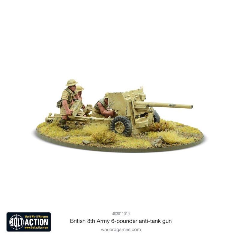 British 8th Army 6-pounder anti-tank gun model in desert warfare scene.