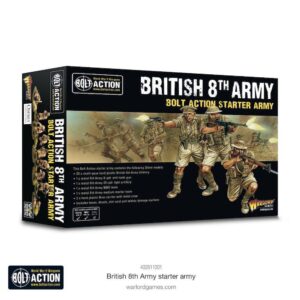 British 8th Army Starter Set for Bolt Action features vibrant art of WWII British soldiers in combat.