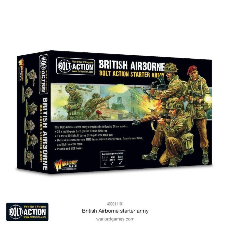 British Airborne Army Starter Set for Bolt Action featuring dynamic WWII soldier illustrations.