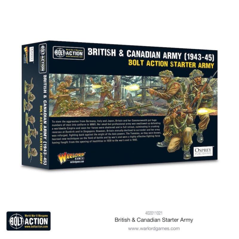 British and Canadian Army Wargame Starter Set featuring dynamic WWII soldier artwork and miniatures.