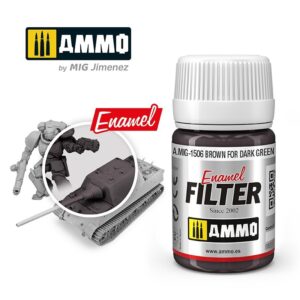 AMMO brown enamel filter for dark green models enhances realism in scale modeling.