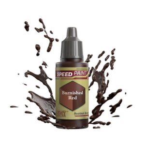 Vibrant Burnished Red speed paint bottle with dynamic splashes, perfect for artists and miniatures.