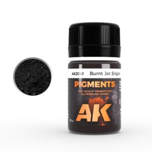 Burnt Jet Engine pigment in a black jar, perfect for realistic model painting effects.