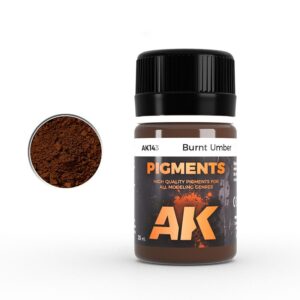 Sleek burnt umber pigment bottle for versatile art and modeling projects by AK Pigments.