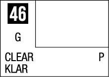 Minimalist black and white design featuring 46, G, CLEAR, KLAR, and P for classification.