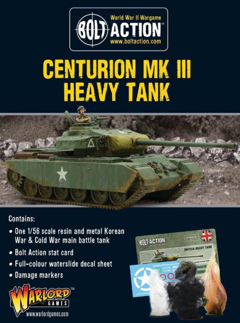 Centurion MK III Heavy Tank model for Bolt Action wargaming with decals and gameplay accessories.