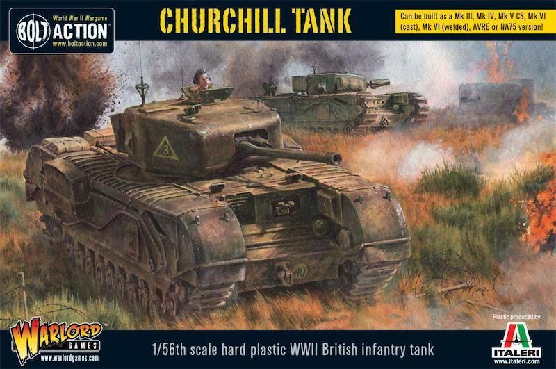 Churchill Tank model kit box art showcasing dynamic WWII battlefield action and intricate detailing.