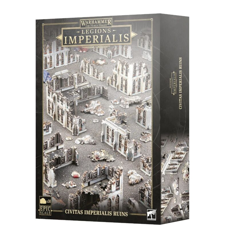 Discover epic battles in Warhammers stunning Civitas Imperialis ruins game box.