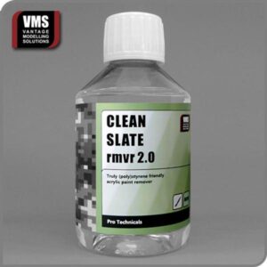 Eco-friendly Clean Slate RMVR 2.0 acrylic paint remover in a clear bottle, safe for polystyrene.
