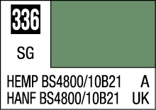 Muted green color sample card for hemp materials, labeled SG with BS4800 reference.