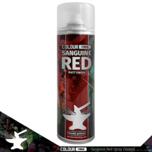 Sanguine Red spray paint by Colour Forge, 500ml can for model painting and creative projects.