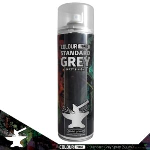 Sleek Colour Forge Standard Grey spray paint can designed for models and crafts with vibrant graphics.
