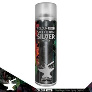 Sleek Colour Forge Steelforge Silver spray paint can, ideal for model priming and creative projects.