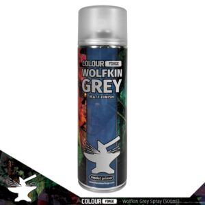 Colour Forge Wolfkin Grey spray paint for models, ideal for achieving a smooth, matte finish.