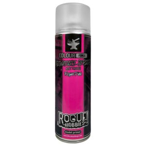 Vibrant pink Colour Free model primer spray paint by Rogue Hobbies for hobbyists’ projects.