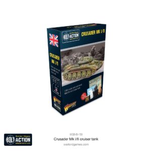 Crusader Mk I/II tank model kit packaging, showcasing military heritage for collectors and wargamers.