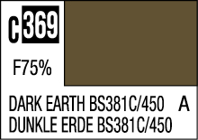 Muted brown DARK EARTH color swatch C-369 with saturation 75%, labeled in English and German.