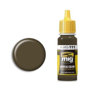 Dark olive green acrylic model paint A.MIG-111 with yellow cap, perfect for military models.