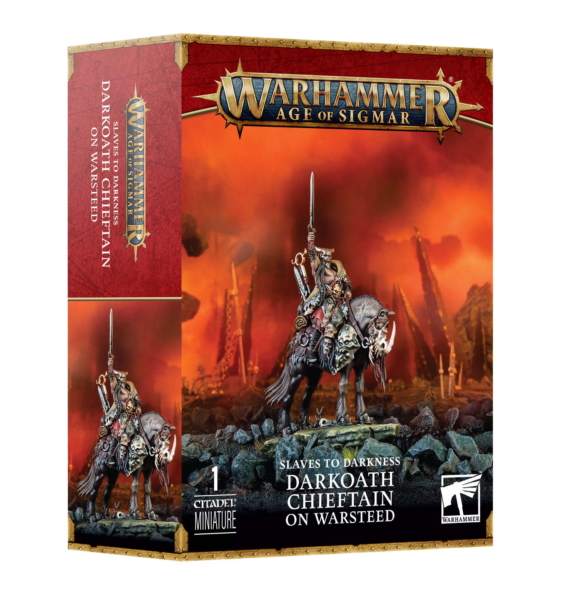 Darkoath Chieftain on Warsteed miniature: dynamic design from Warhammers Slaves to Darkness series.
