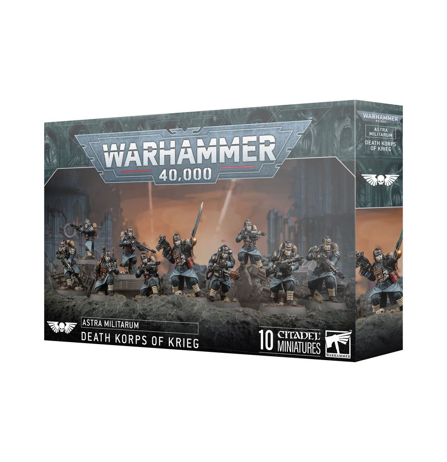 Death Korps of Krieg miniatures set for Warhammer 40K, featuring ten detailed Citadel models.