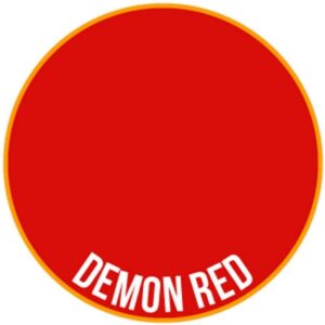 Vibrant red circle with yellow border and bold DEMON RED text, symbolizing passion and energy.