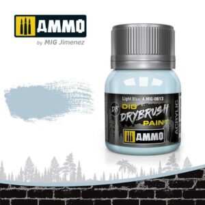 Light blue drybrush paint by Ammo, perfect for model painting projects and techniques.