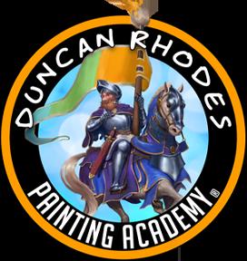 Duncan Rhodes Painting Academy logo with knight, horse, and vibrant colors symbolizing artistic creativity.