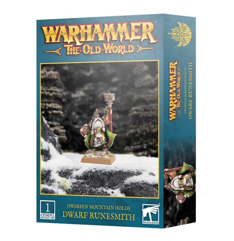 Dwarf Runesmith model box for Warhammer: The Old World, featuring intricate fantasy design and craftsmanship.