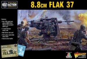 8.8cm Flak 37 gun in action with soldiers amidst WWII battlefield chaos.