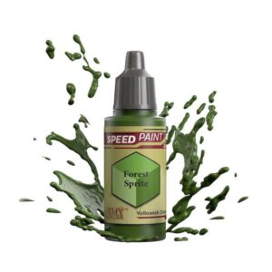Vibrant Forest Sprite paint bottle with dynamic splashes for creative artistry and expression.