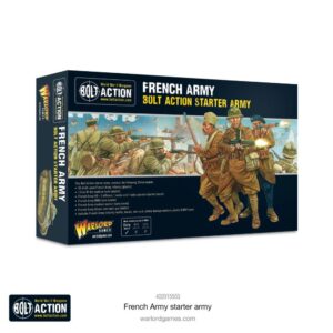 French Army Bolt Action Starter Set box featuring dynamic soldier artwork and essential gameplay details.