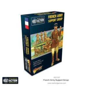 French Army miniatures box for Bolt Action wargaming, featuring soldiers, gear, and the French flag.