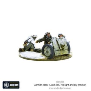 German soldiers operate a 7.5 cm leIG 18 artillery piece in snow during WWII.