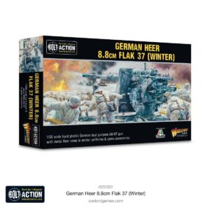 German Heer 8.8cm Flak 37 Winter model kit featuring vibrant WWII winter battle artwork.