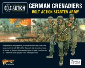 Dynamic German Grenadiers advancing in battle – BOLT ACTION tabletop game cover.