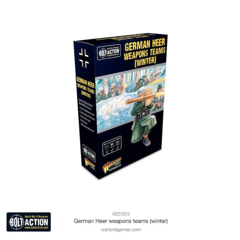 German Heer Winter Weapons Teams box for Bolt Action, featuring a soldier in a snowy battlefield.