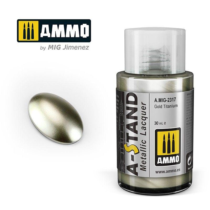 Gold Titanium Metallic Lacquer by AMMO for scale modeling, featuring a reflective finish.