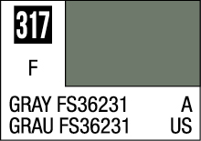 Gray FS36231 color label with swatch, code 317, and German translation Grau.