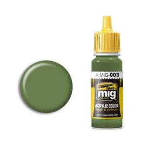 Vibrant green acrylic paint by A.MIG in a clear bottle with precision nozzle cap.